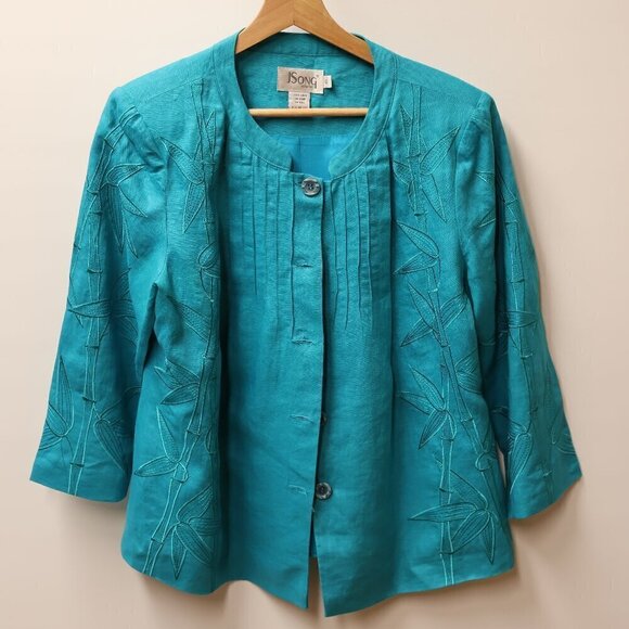 J Song 100% Linen Jacket Embroidery 3/4 Sleeves Button Up No Collar Size 10 - Picture 4 of 15
